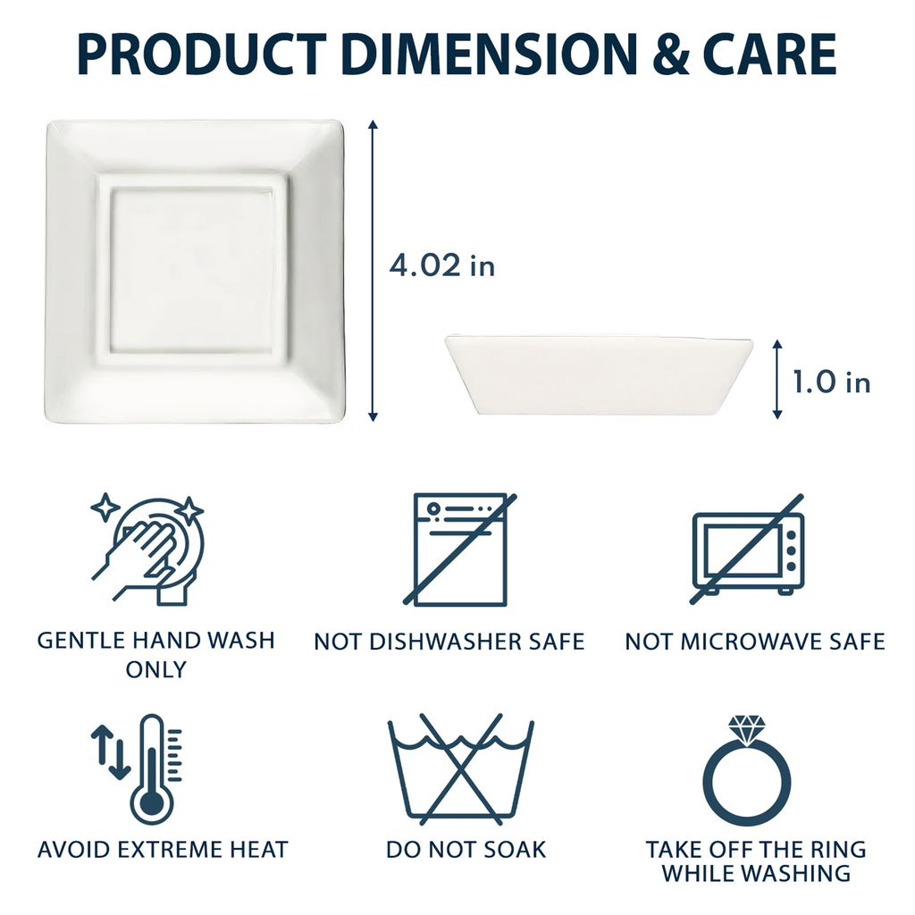 Ceramic jewelry dish dimensions and care instructions, hand wash only, not dishwasher safe.