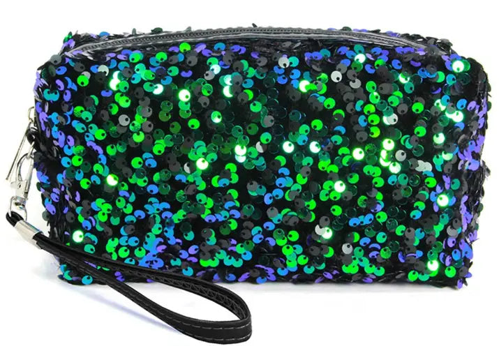 Sequin Zipper Cosmetic Pouch Bags w Strap Fashion City An Initial Impression Black