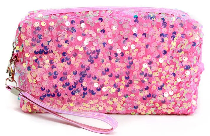 Sequin Zipper Cosmetic Pouch Bags w Strap Fashion City An Initial Impression Pink