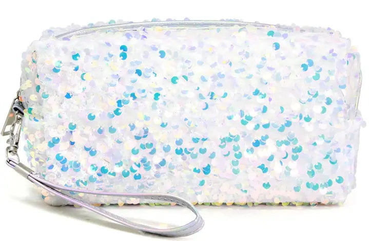 Sequin Zipper Cosmetic Pouch Bags w Strap Fashion City An Initial Impression White