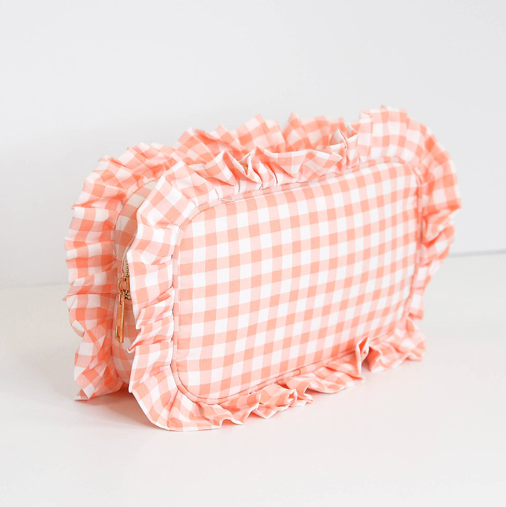 Gingham Ruffle Zipper Pouch Embroidery Friendly Cosmetic Bag