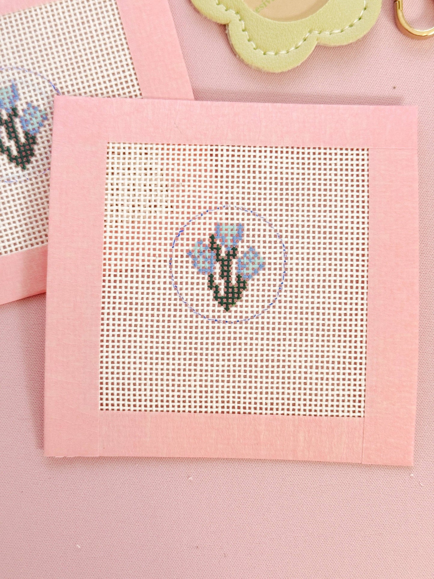 Mini Bag Tag Flower Needlepoint Canvas Hand Painted Key Fob Canvas Mini 1”x1” 18 Mesh
