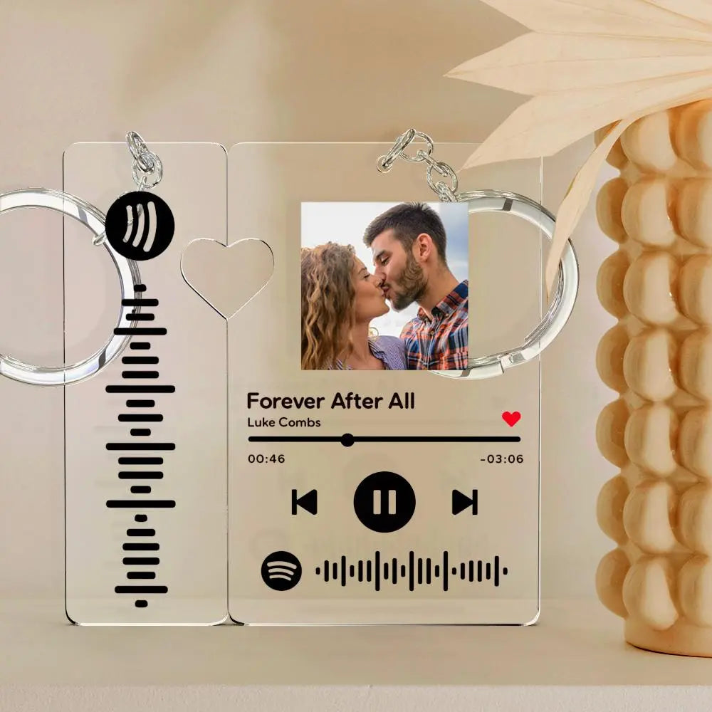 Custom Spotify keychain with couple's photo and song code, personalized music gift