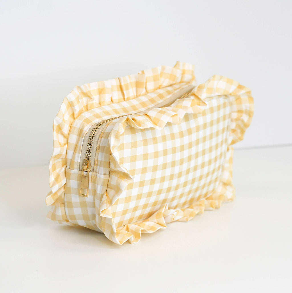 Gingham Ruffle Zipper Pouch Embroidery Friendly Cosmetic Bag