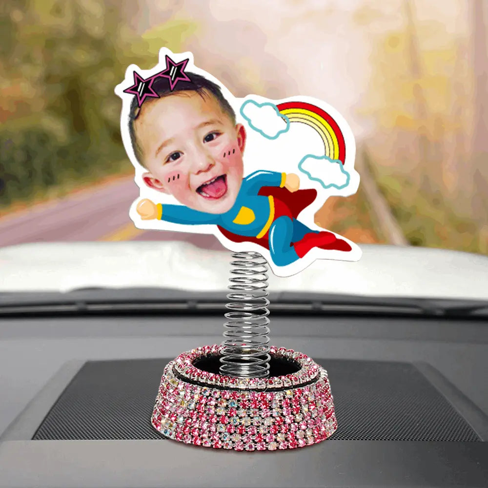 Custom Creative Photo Shaking Head Spring Car Decor Pink Rhinestone Base