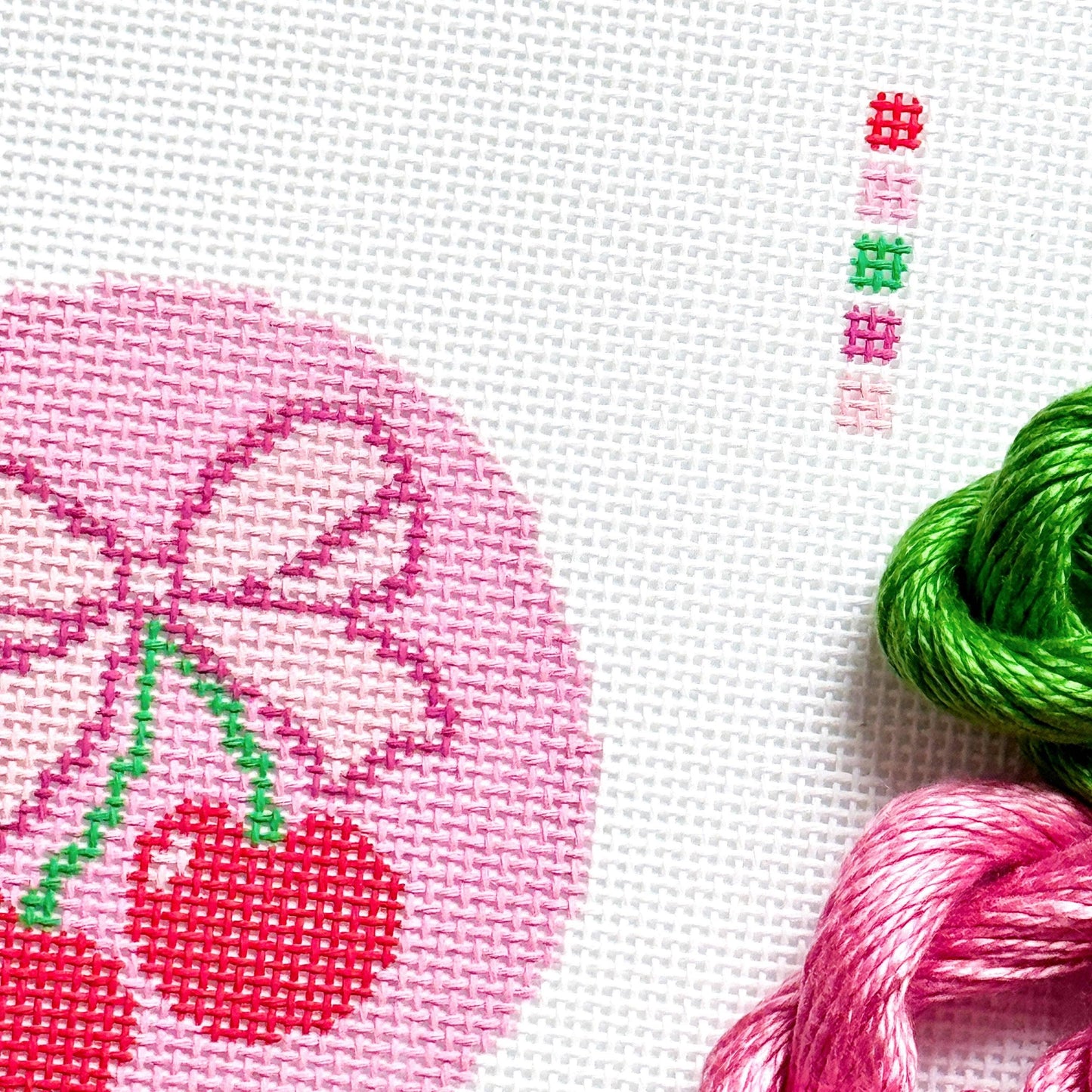 Cherry Bow Needlepoint Canvas, 13 Mesh Cherry Needlepoint, Beginner Needlepoint Round, Needlepoint Ornament, Needlepoint Coquette