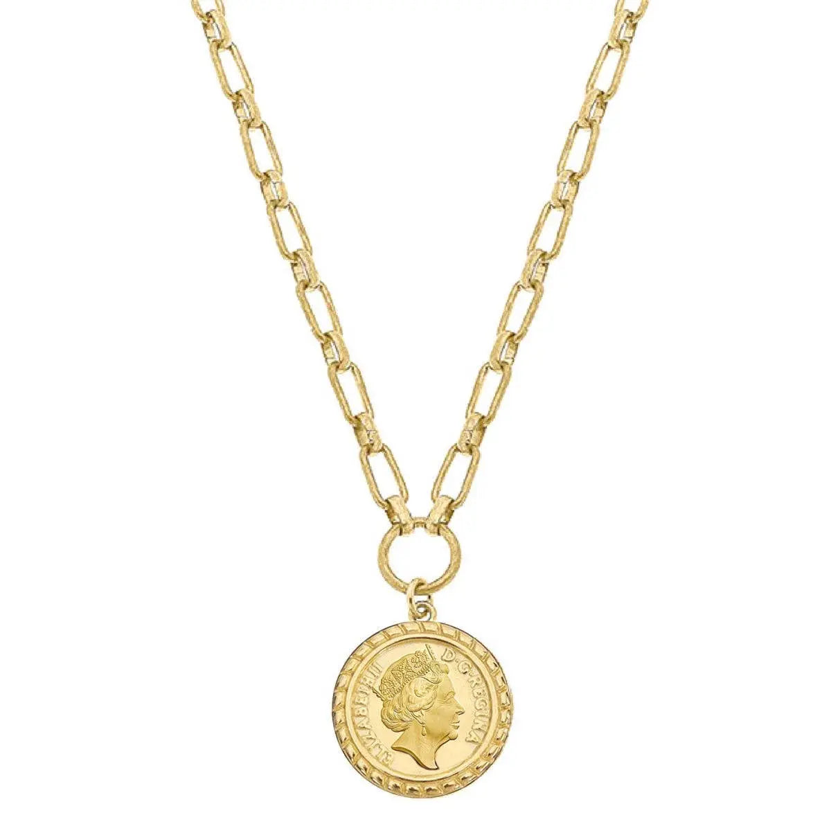 Queen Elizabeth Coin Necklace in Worn Gold CANVAS Style An Initial Impression