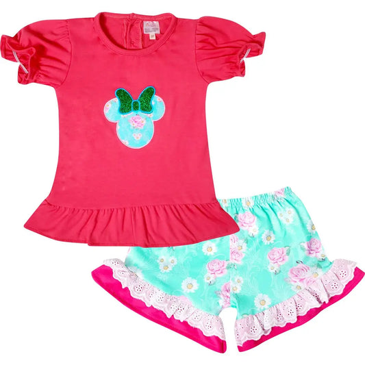 Disney Inspired Minnie Mouse Head Top Shorts Set - Fuchsia Mint