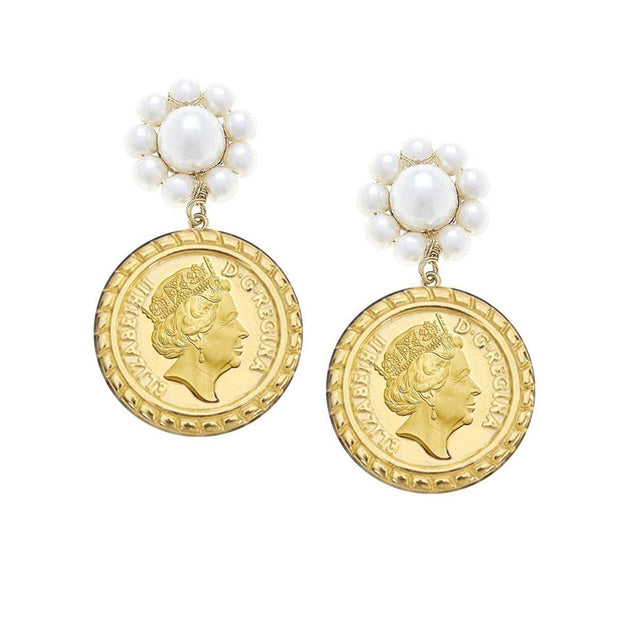 Queen Elizabeth Coin Pearl Drop Earrings in Worn Gold