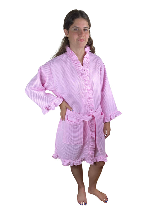 Kimono Cotton Waffle Ruffle  Robe, 36"