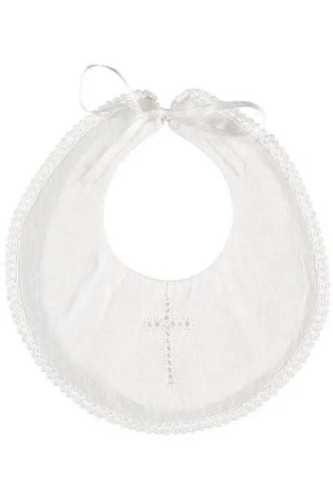 Christening Baptism Bib with Hand Embroidered Cross and Satin Ribbon Great Gift One Size